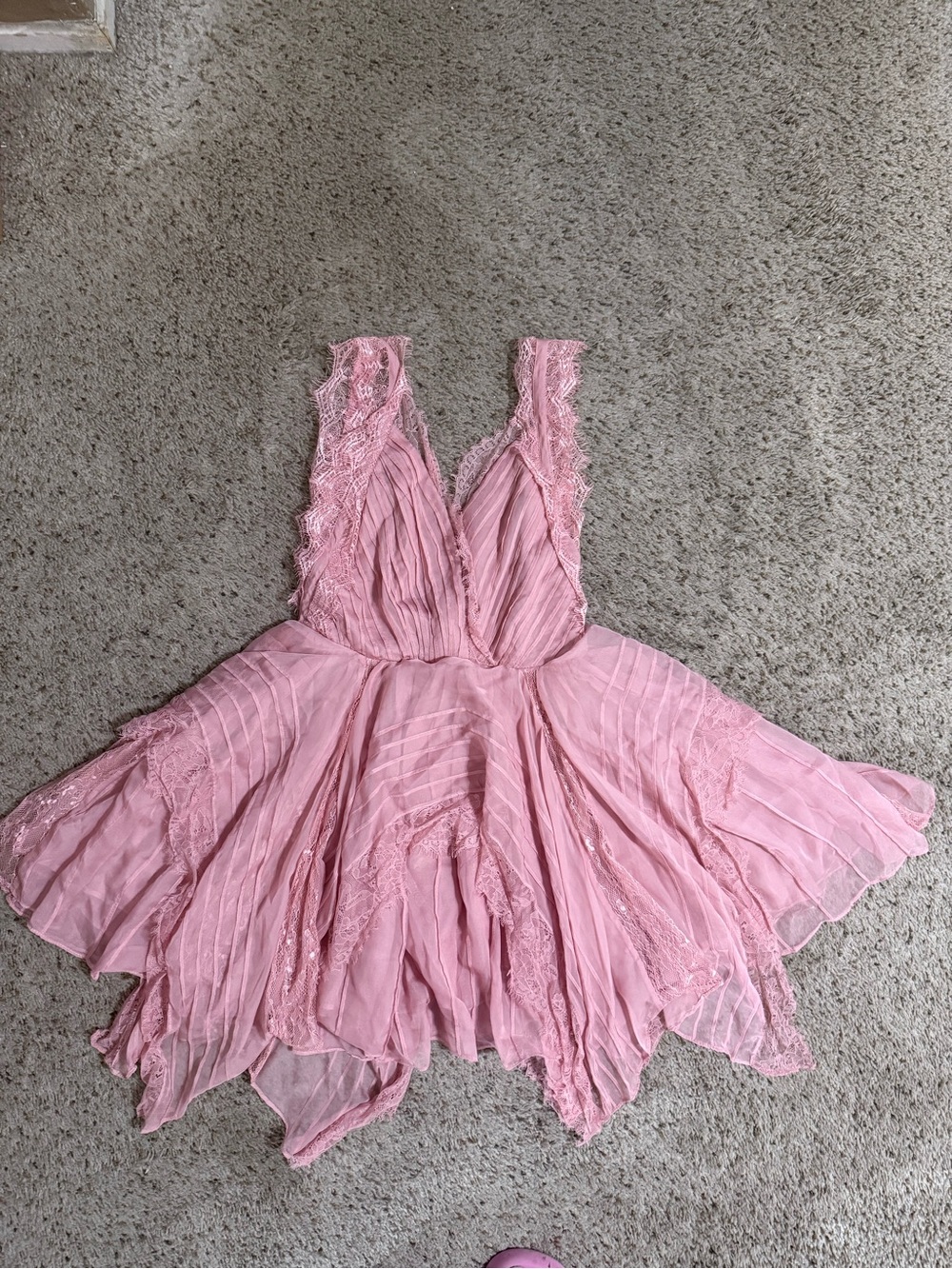 Stunning Fairycore Mauve Pink Plisse & Lace Plunge V-Neck Flowy Mini Dress